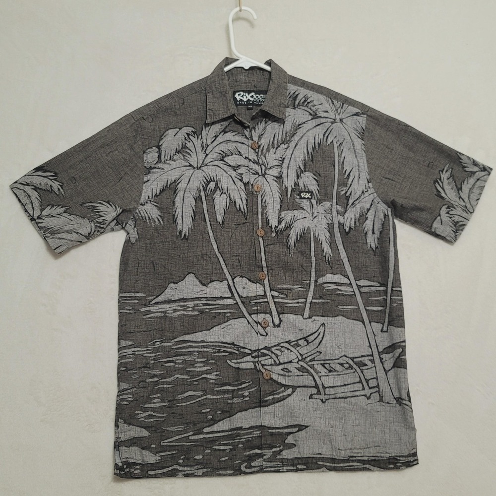 Rix Shirt Mens Medium Gray Hawaiian Button Up Palm Trees Island Print Cotton